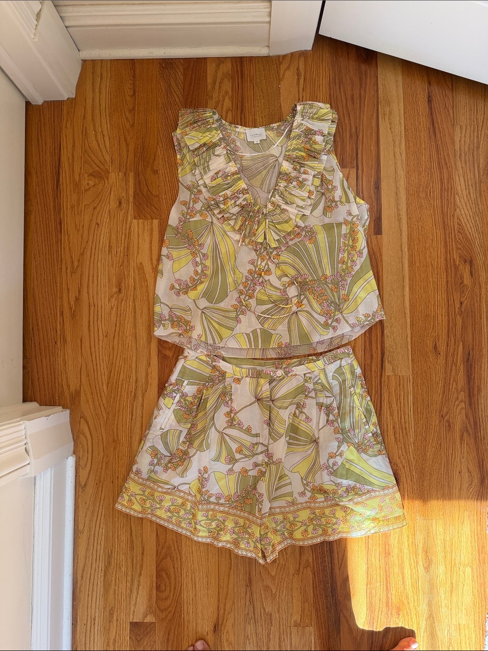 sundays Cream and Green Printed Ruffle Tank & Short Set